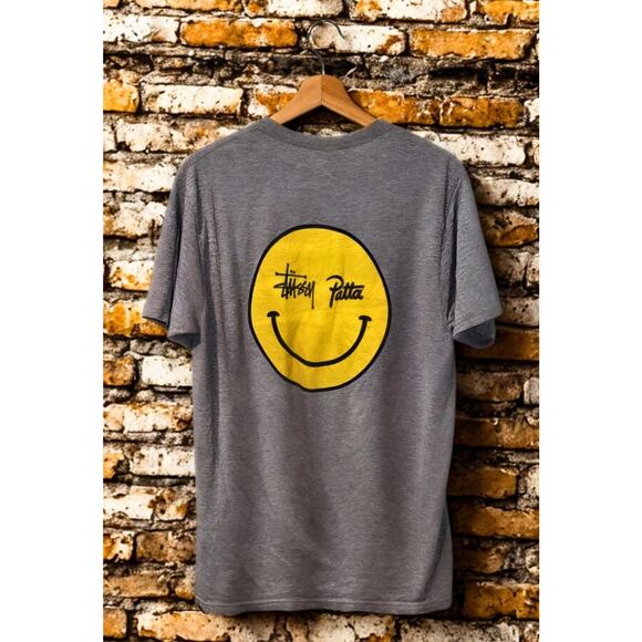 Stussy x Patta Smiley Tee Gray Yellow Logo Collab Graphic T-Shirt Men’s M Rare - Picture 9 of 9